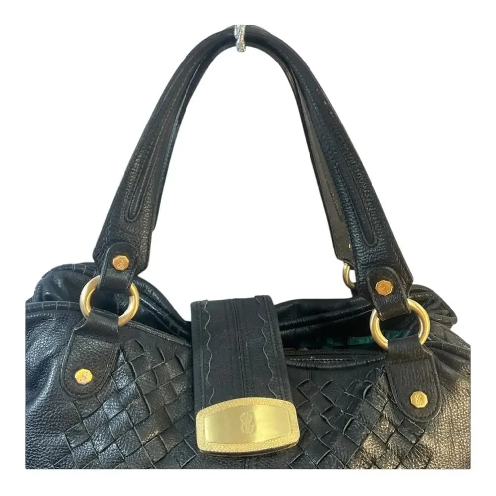 BILL BLASS Vintage Black Woven Leather Satchel or Shoulder Hobo Bag